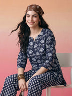 Janasya Navy Blue Straight Cotton Pant Co-ord Sets | Grocsy
