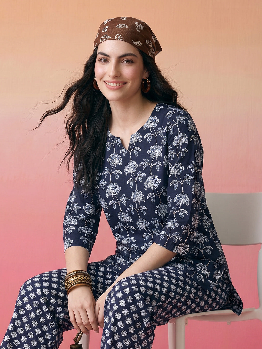 Janasya Navy Blue Straight Cotton Pant Co-ord Sets | Grocsy