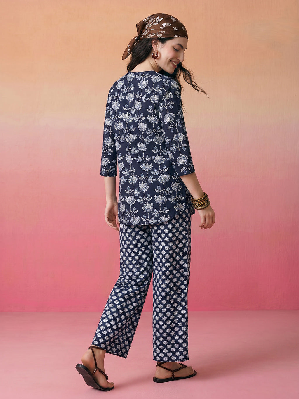 Janasya Navy Blue Straight Cotton Pant Co-ord Sets | Grocsy