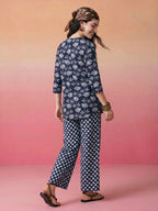 Janasya Navy Blue Straight Cotton Pant Co-ord Sets | Grocsy