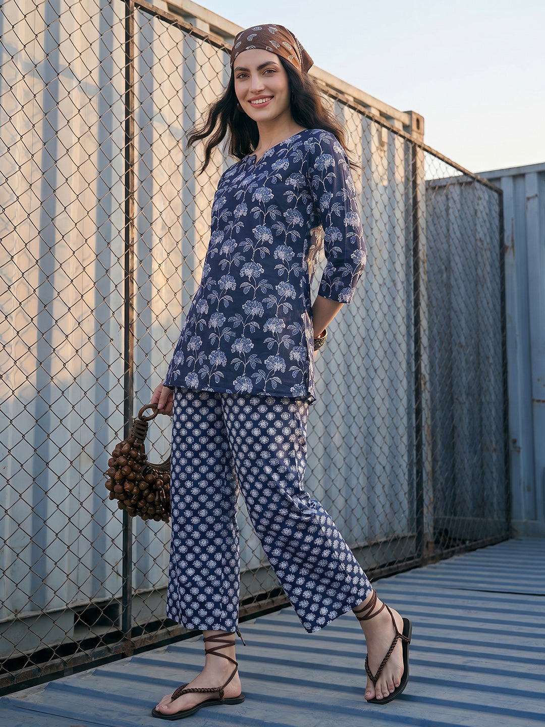 Janasya Navy Blue Straight Cotton Pant Co-ord Sets | Grocsy