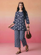 Janasya Navy Blue Straight Cotton Pant Co-ord Sets | Grocsy