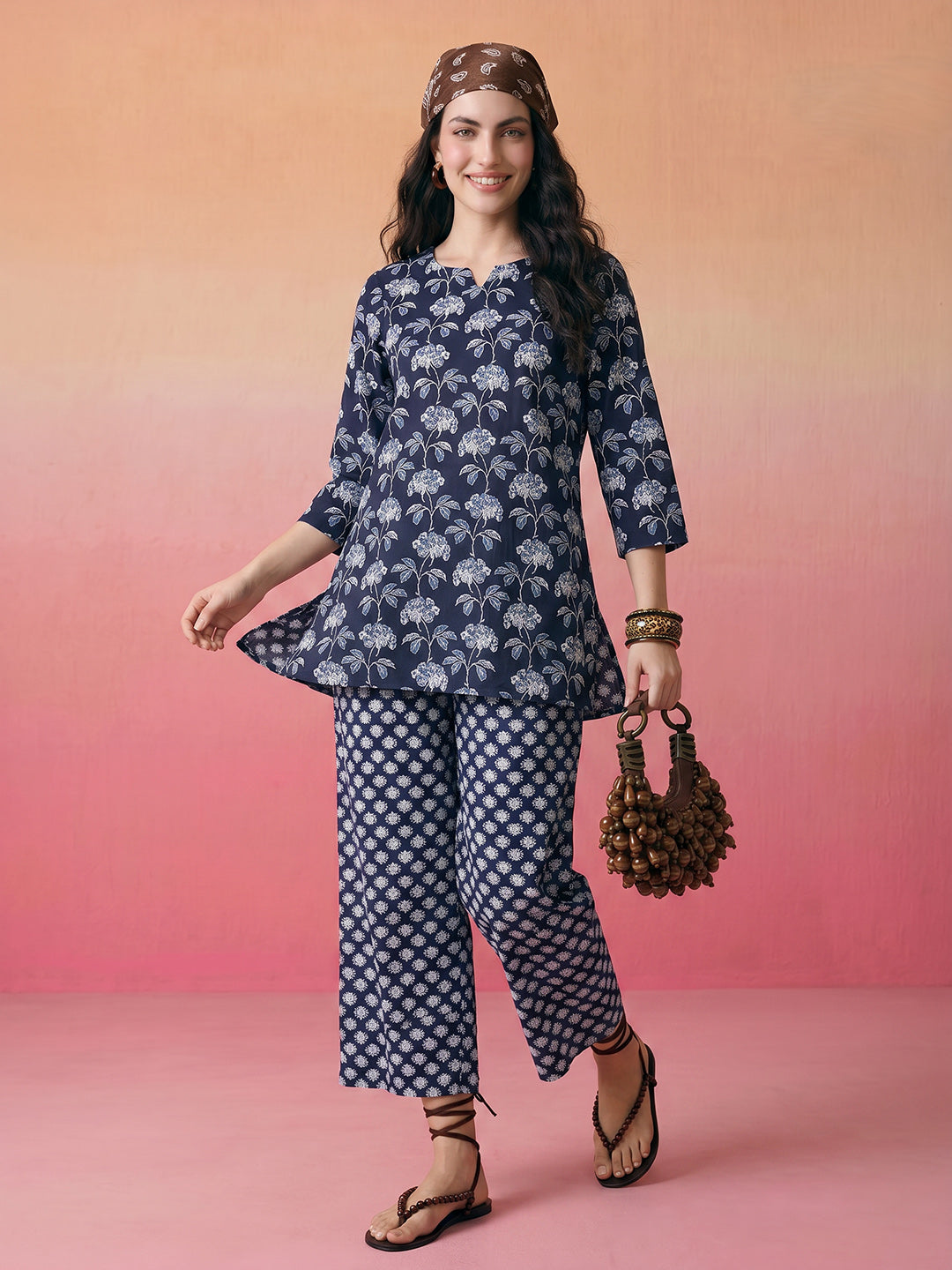 Janasya Navy Blue Straight Cotton Pant Co-ord Sets | Grocsy