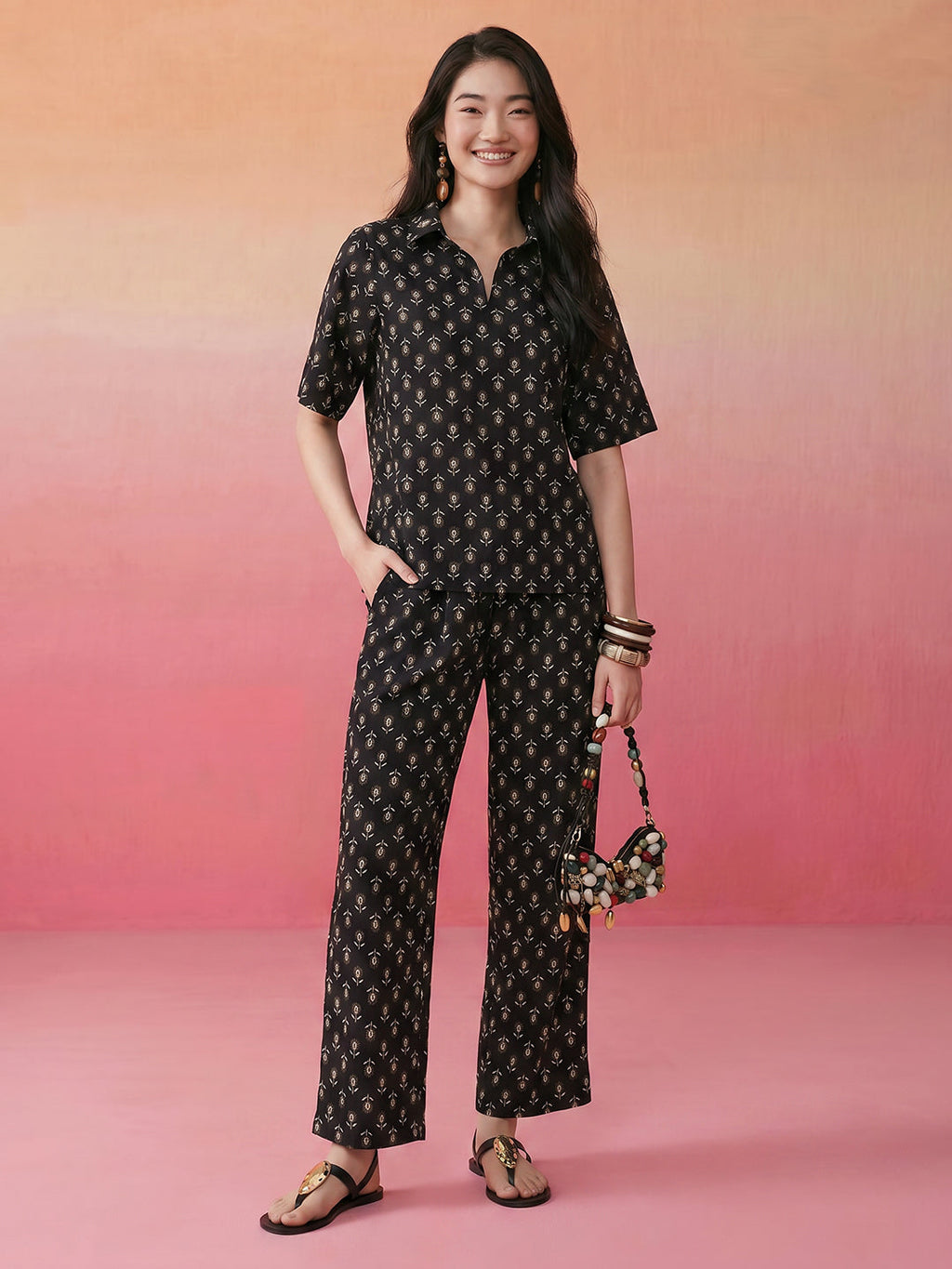 Janasya Black Straight Cotton Pant Co-ord Sets | Grocsy