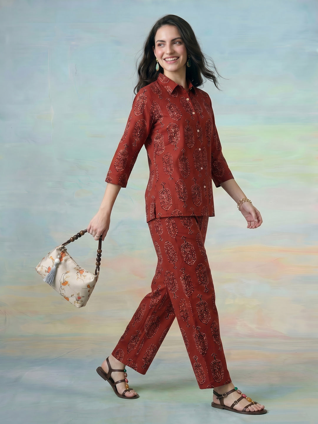 Janasya Rust Straight Cotton Pant Co-ord Sets | Grocsy
