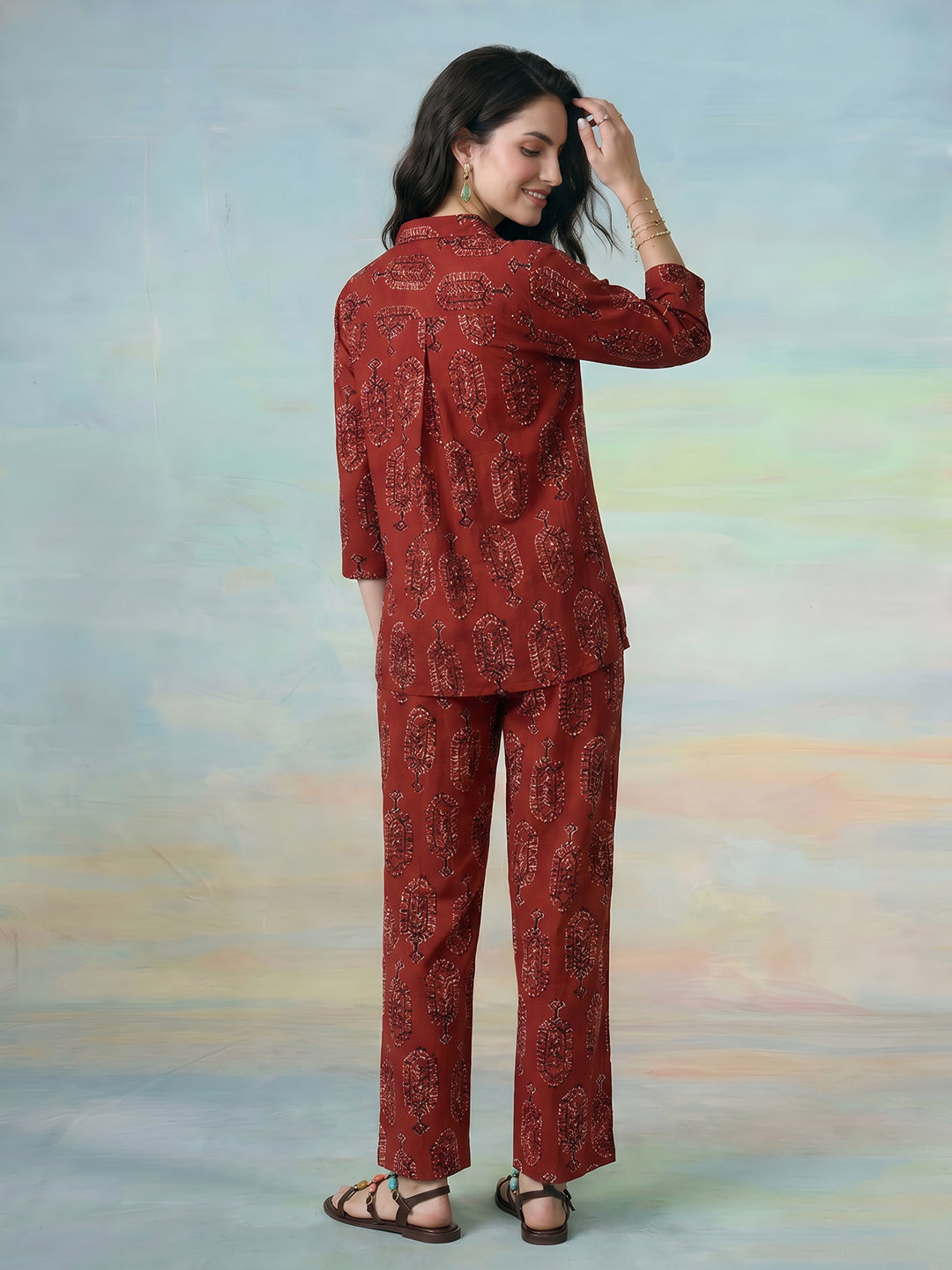 Janasya Rust Straight Cotton Pant Co-ord Sets | Grocsy