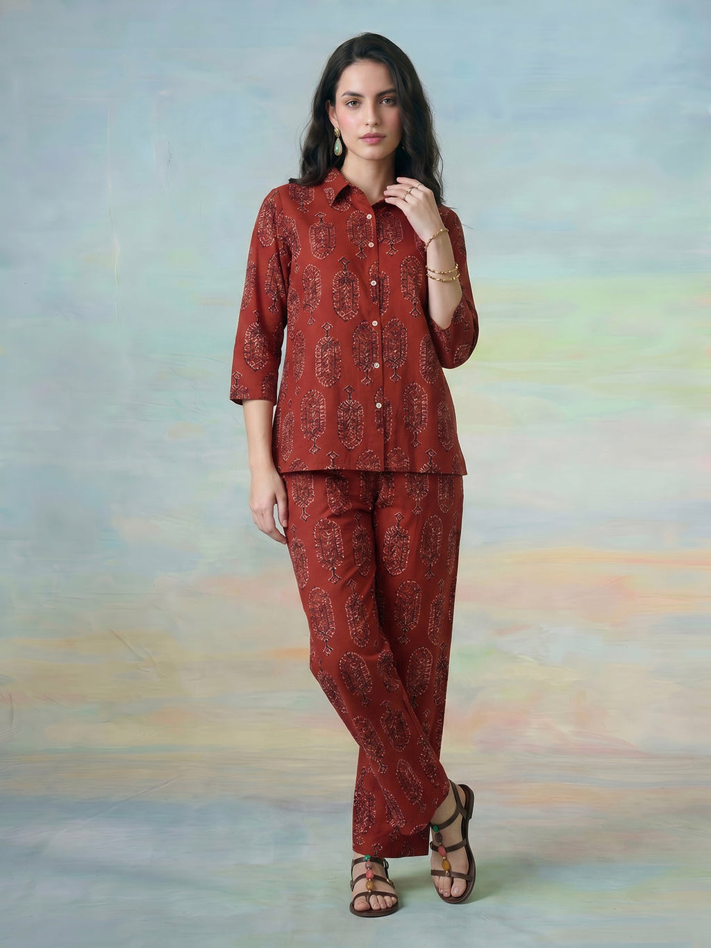 Janasya Rust Straight Cotton Pant Co-ord Sets | Grocsy