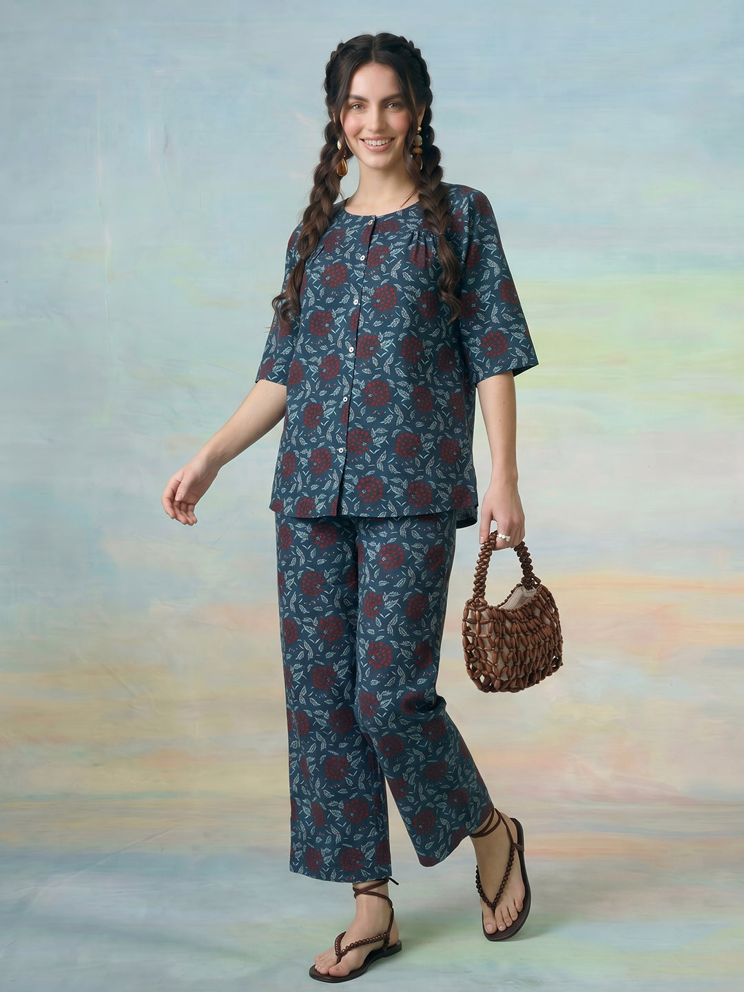 Janasya Navy Blue Straight Cotton Pant Co-ord Sets | Grocsy