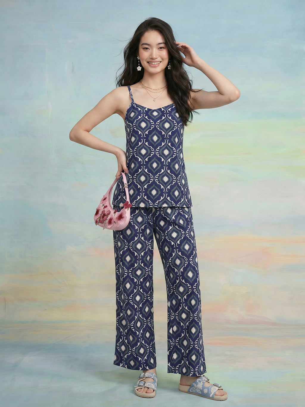 Janasya Navy Blue Straight Cotton Pant Co-ord Sets | Grocsy