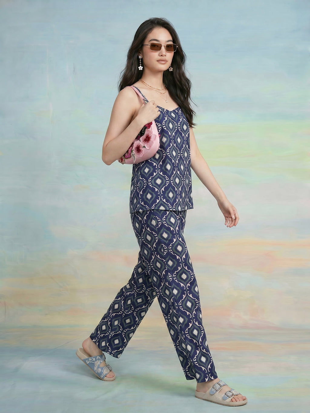 Janasya Navy Blue Straight Cotton Pant Co-ord Sets | Grocsy