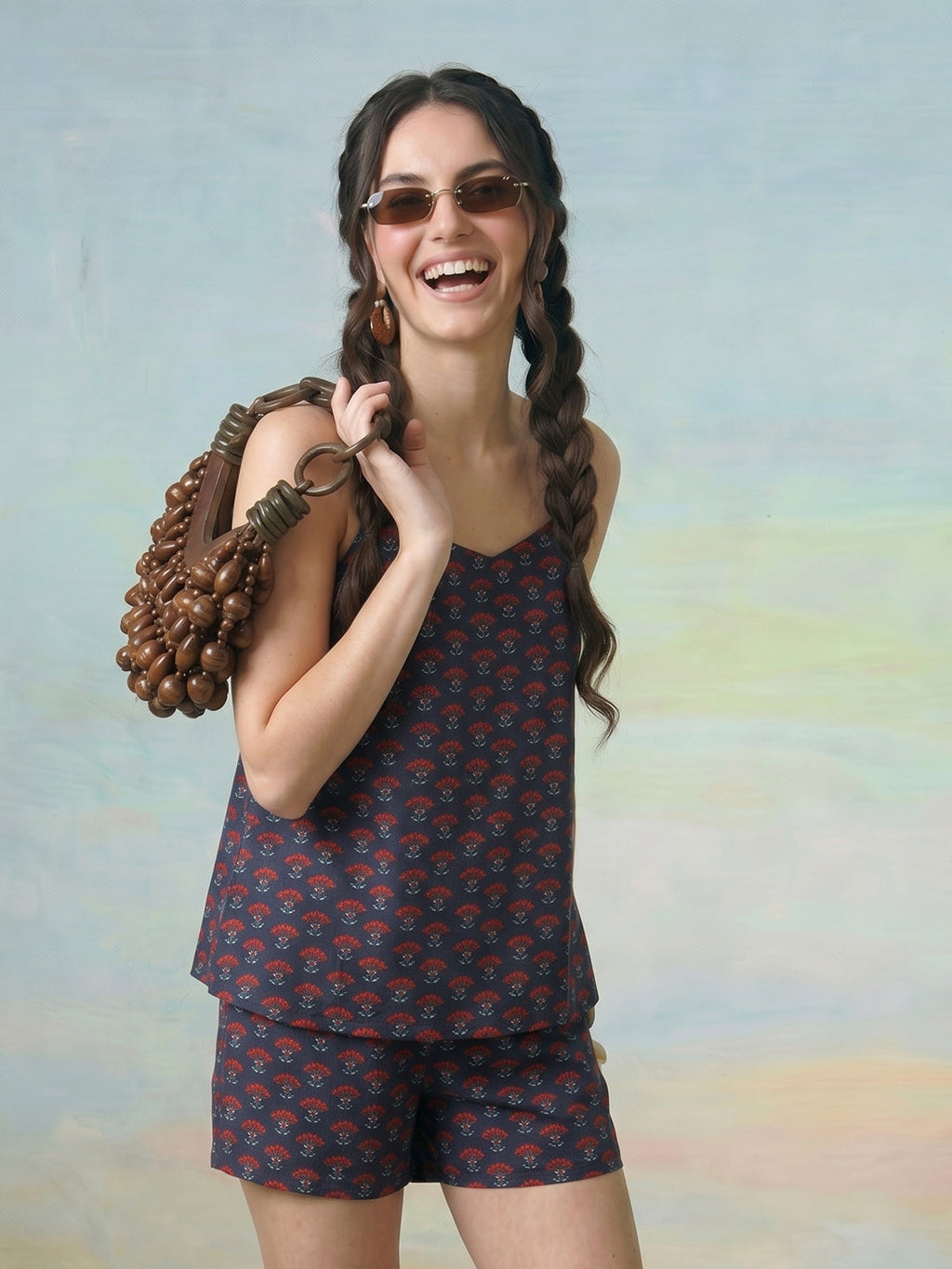 Janasya Blue Straight Cotton Shorts Co-ord Sets | Grocsy