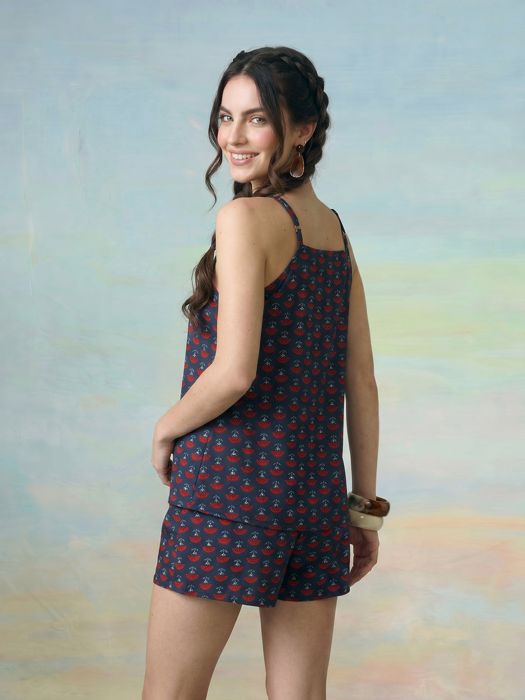 Janasya Blue Straight Cotton Shorts Co-ord Sets | Grocsy