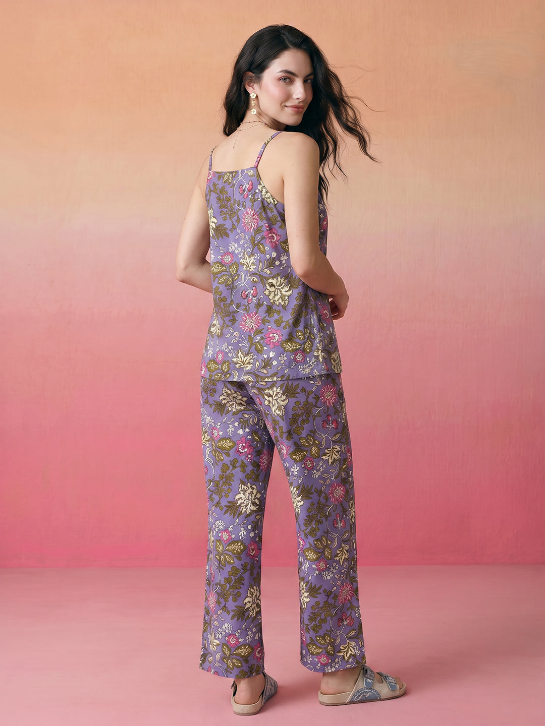 Janasya Lavender Straight Cotton Pant Co-ord Sets | Grocsy