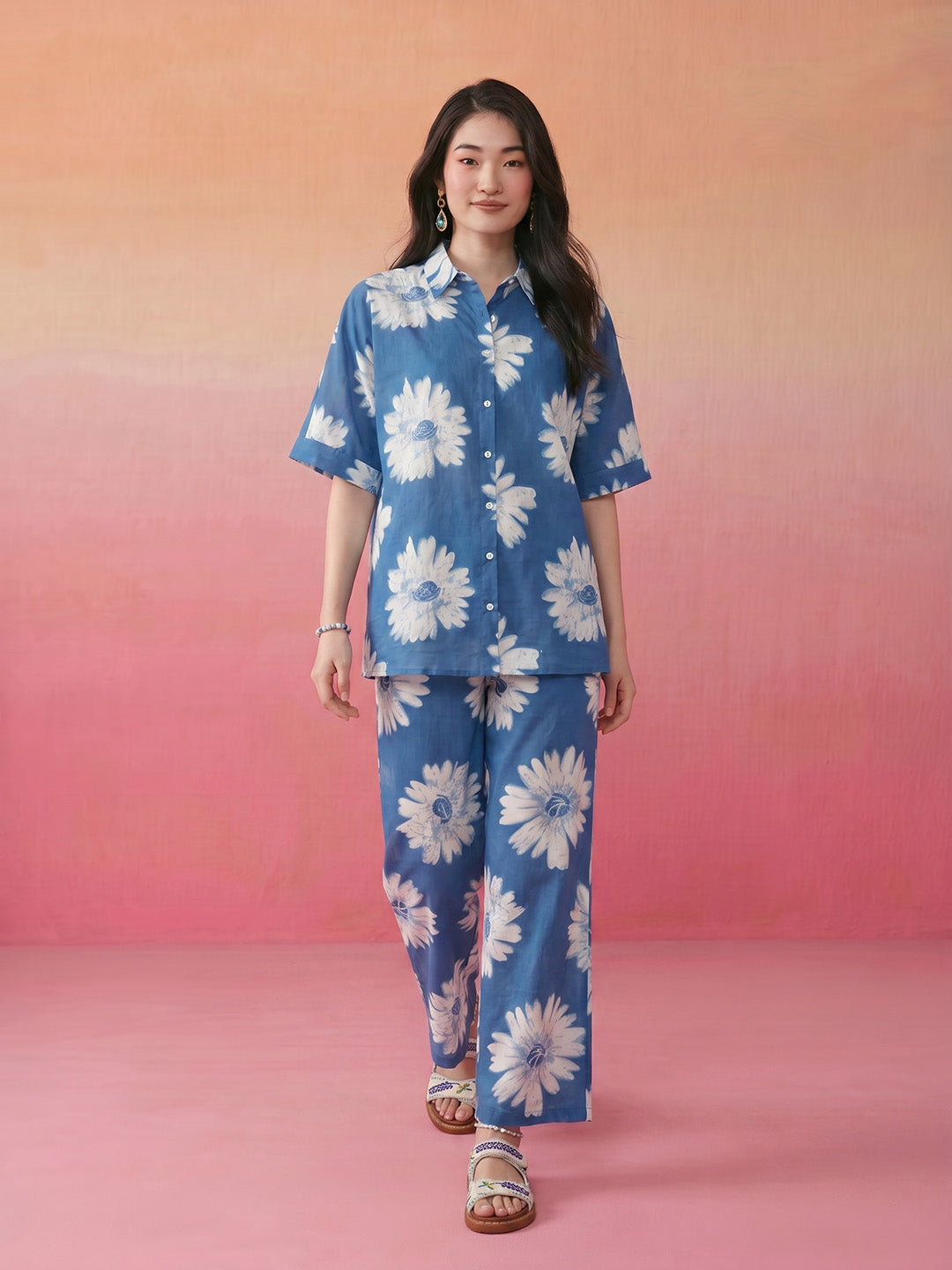 Janasya Blue Straight Cotton Pant Co-ord Sets | Grocsy