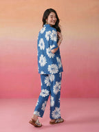 Janasya Blue Straight Cotton Pant Co-ord Sets | Grocsy