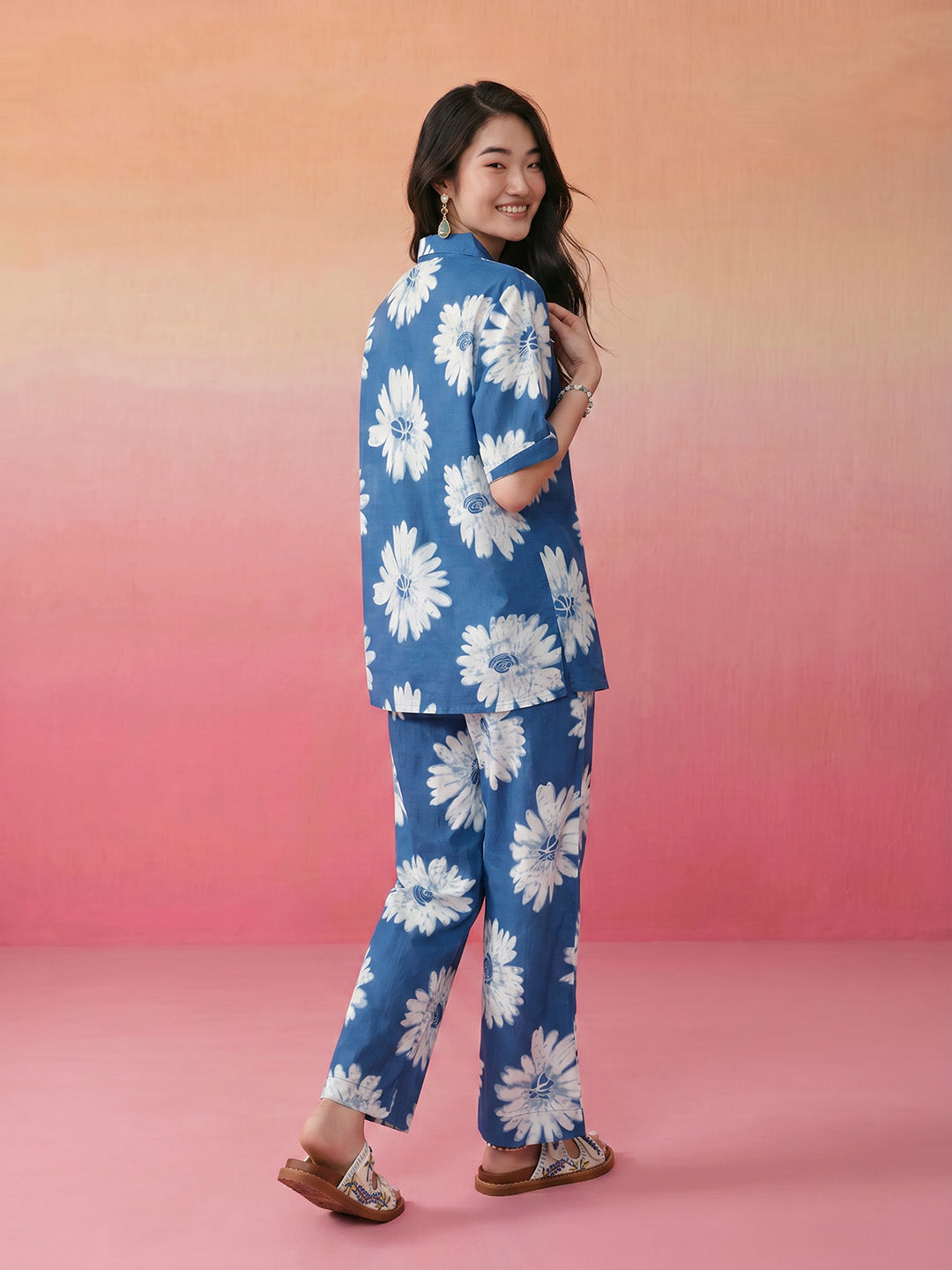 Janasya Blue Straight Cotton Pant Co-ord Sets | Grocsy