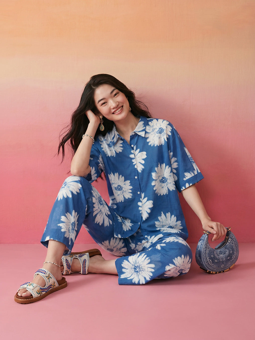 Janasya Blue Straight Cotton Pant Co-ord Sets | Grocsy