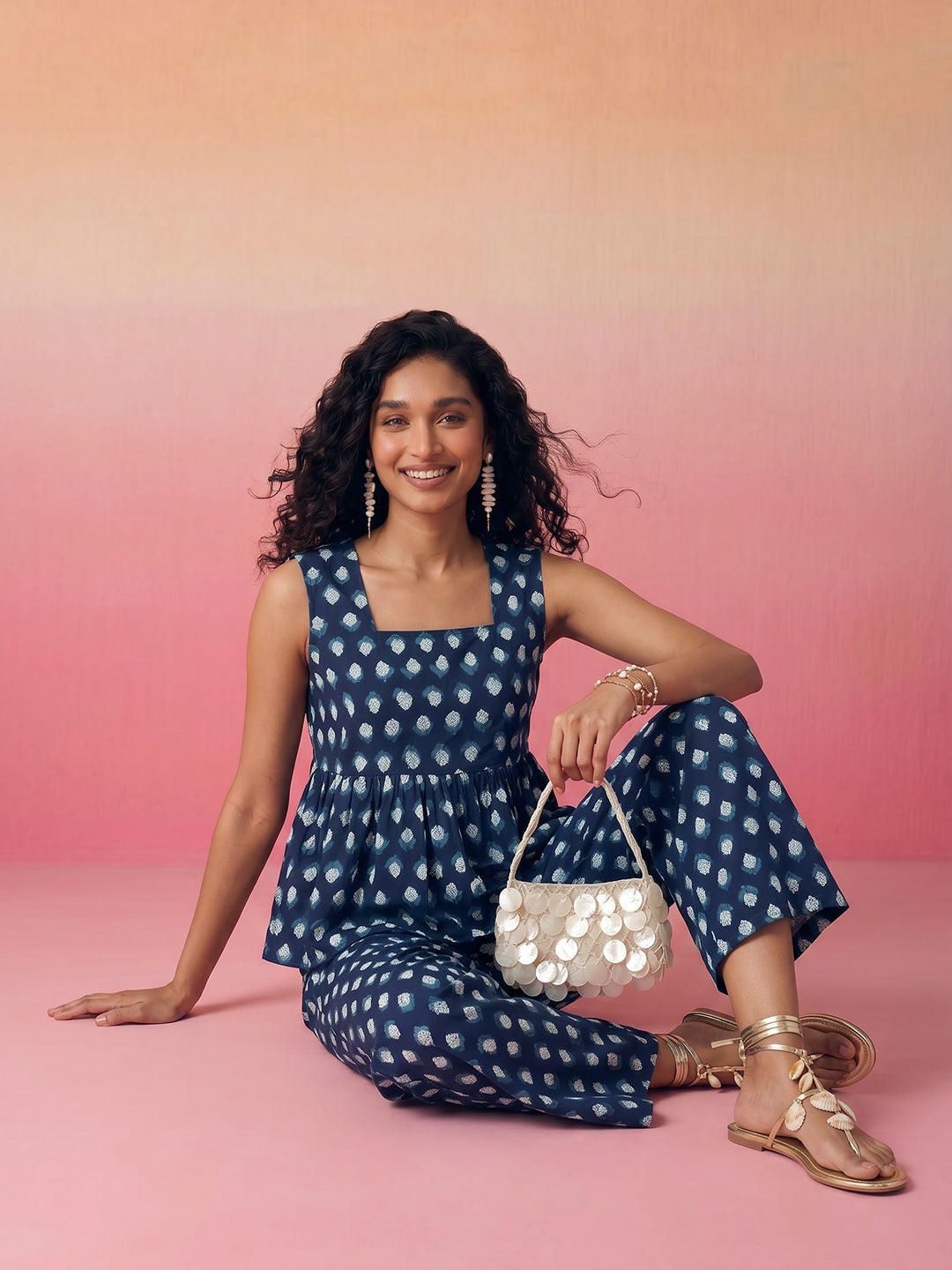 Janasya Navy Blue A-Line Cotton Pant Co-ord Sets | Grocsy