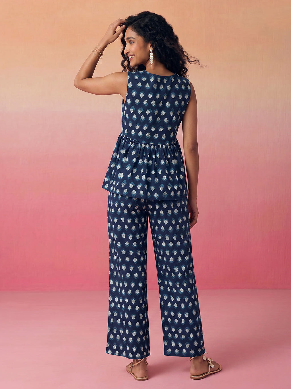 Janasya Navy Blue A-Line Cotton Pant Co-ord Sets | Grocsy
