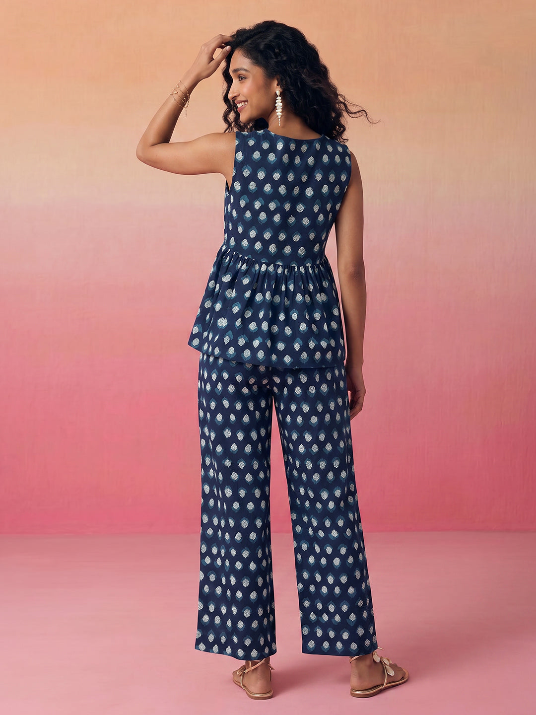Janasya Navy Blue A-Line Cotton Pant Co-ord Sets | Grocsy