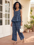 Janasya Navy Blue A-Line Cotton Pant Co-ord Sets | Grocsy