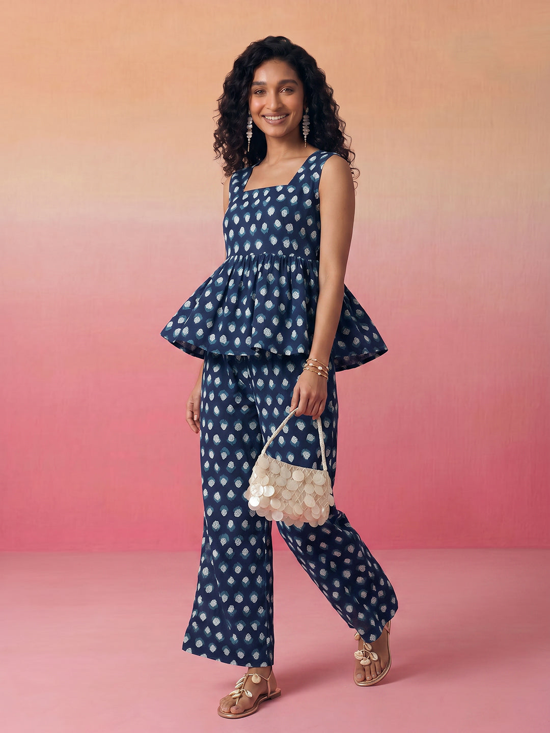 Janasya Navy Blue A-Line Cotton Pant Co-ord Sets | Grocsy
