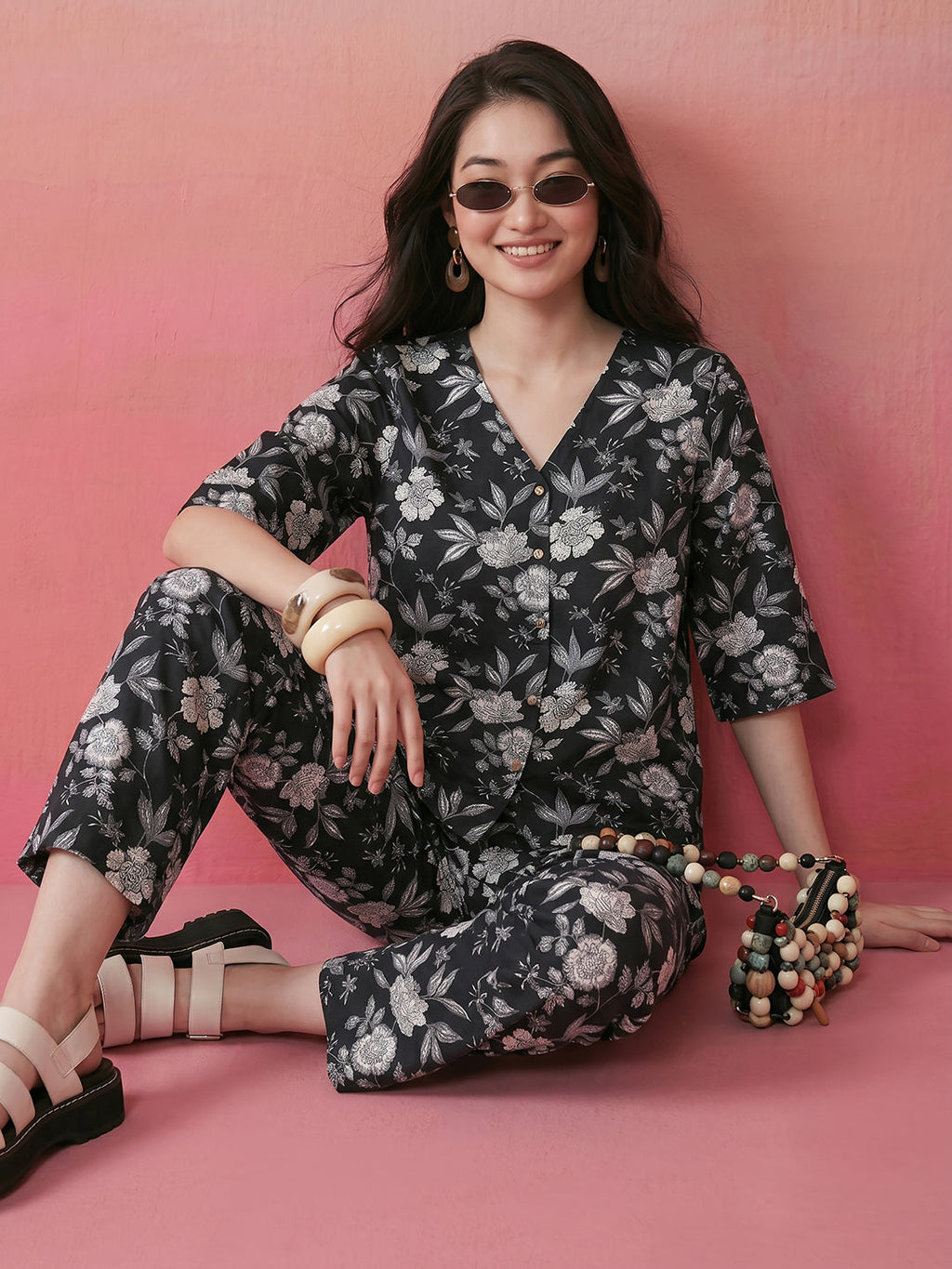 Janasya Black Straight Cotton Pant Co-ord Sets | Grocsy