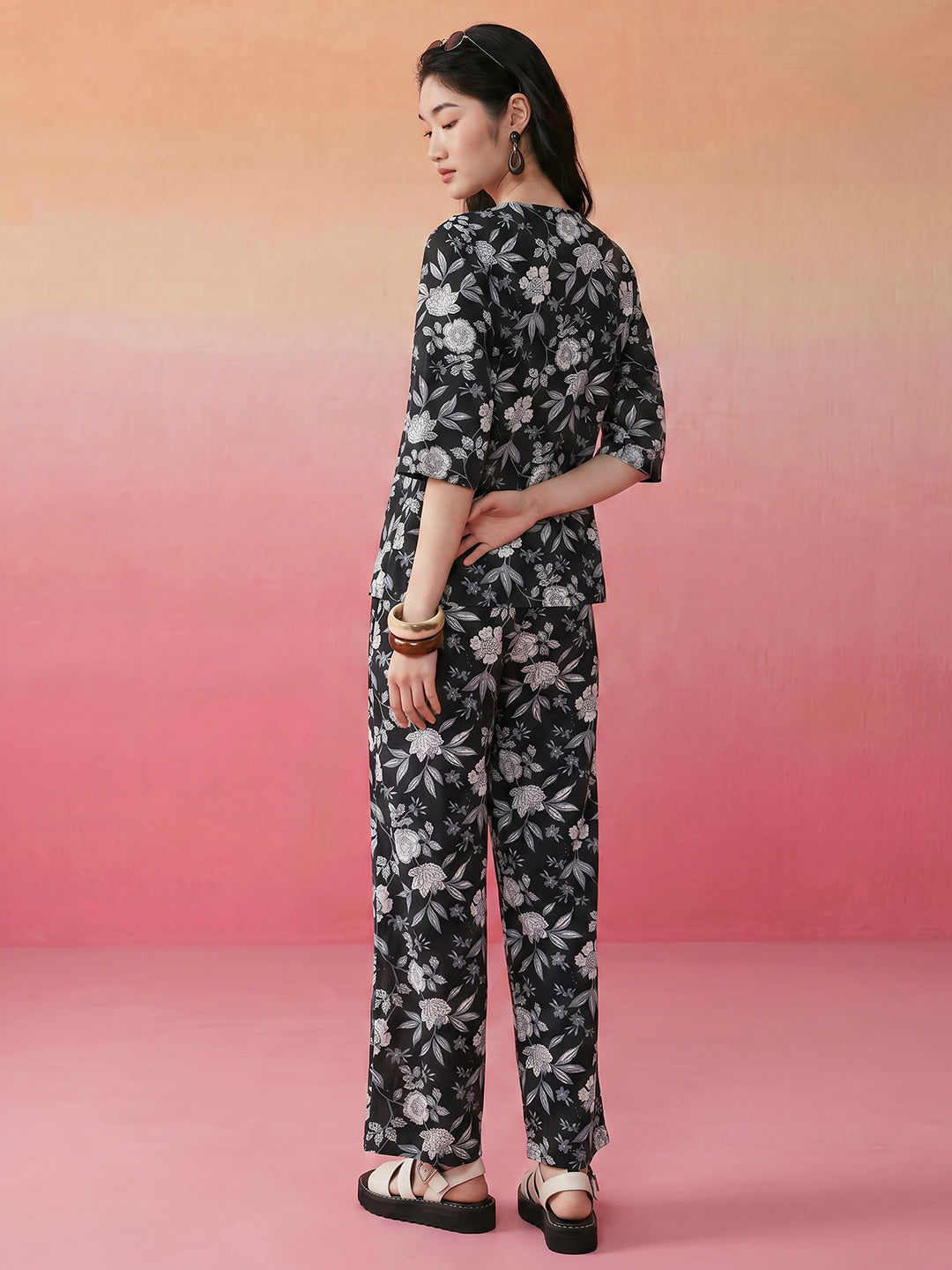Janasya Black Straight Cotton Pant Co-ord Sets | Grocsy