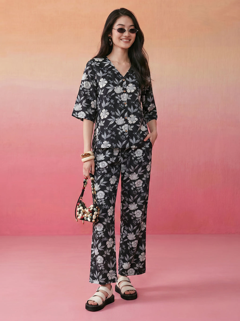 Janasya Black Straight Cotton Pant Co-ord Sets | Grocsy