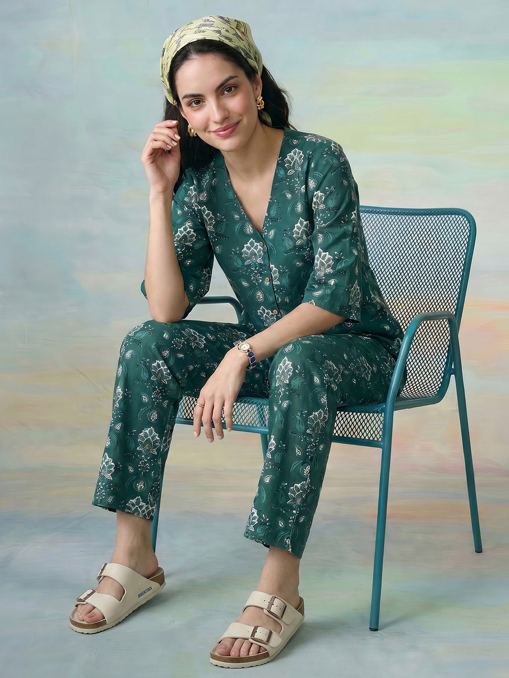 Janasya Teal Straight Cotton Pant Co-ord Sets | Grocsy