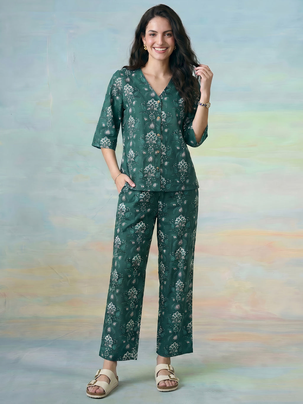 Janasya Teal Straight Cotton Pant Co-ord Sets | Grocsy