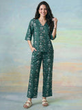 Janasya Teal Straight Cotton Pant Co-ord Sets | Grocsy