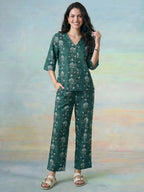 Janasya Teal Straight Cotton Pant Co-ord Sets | Grocsy