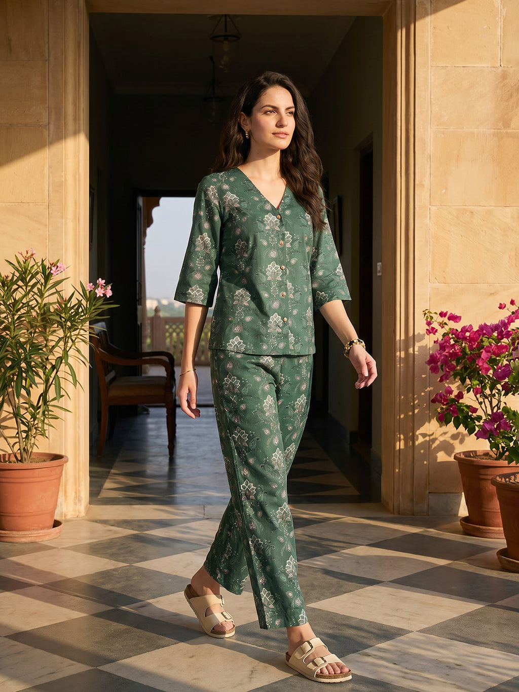 Janasya Teal Straight Cotton Pant Co-ord Sets | Grocsy