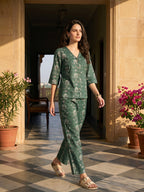 Janasya Teal Straight Cotton Pant Co-ord Sets | Grocsy