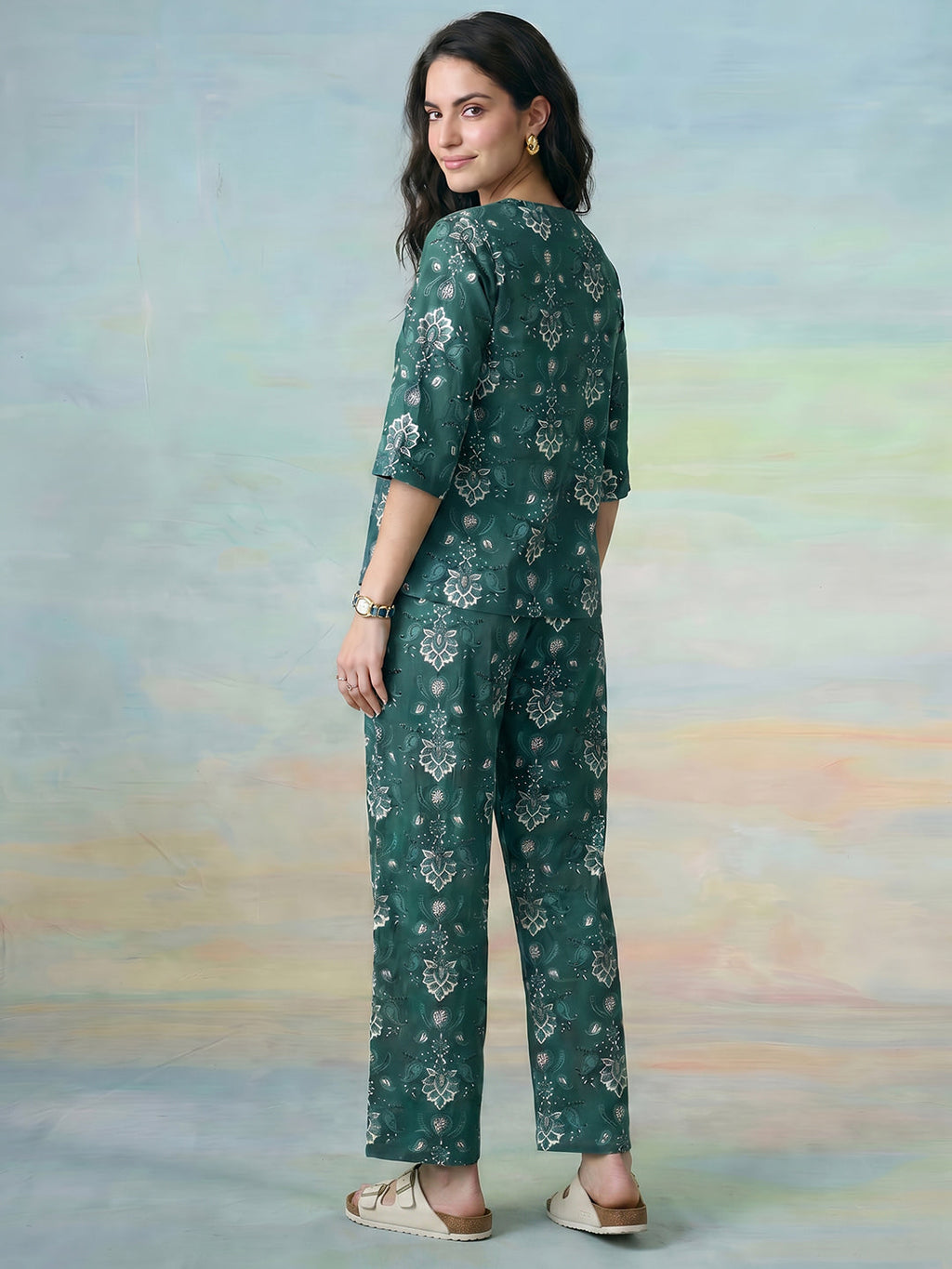 Janasya Teal Straight Cotton Pant Co-ord Sets | Grocsy