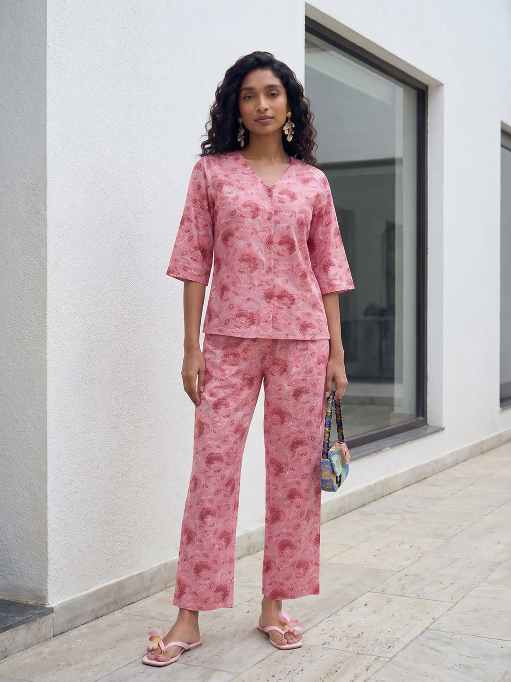 Janasya Pink Straight Cotton Pant Co-ord Sets | Grocsy