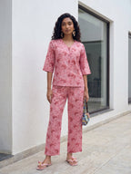 Janasya Pink Straight Cotton Pant Co-ord Sets | Grocsy