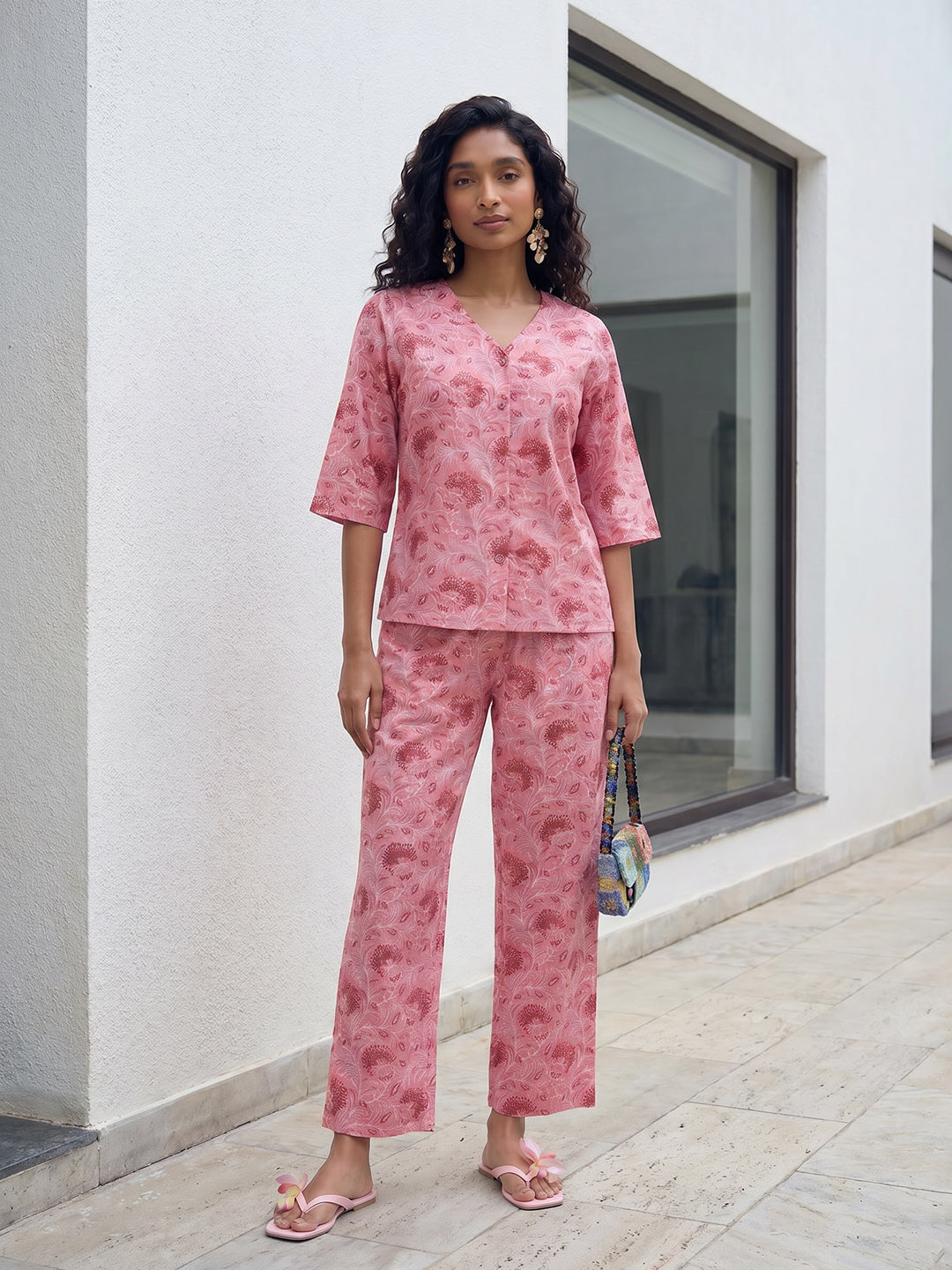 Janasya Pink Straight Cotton Pant Co-ord Sets | Grocsy