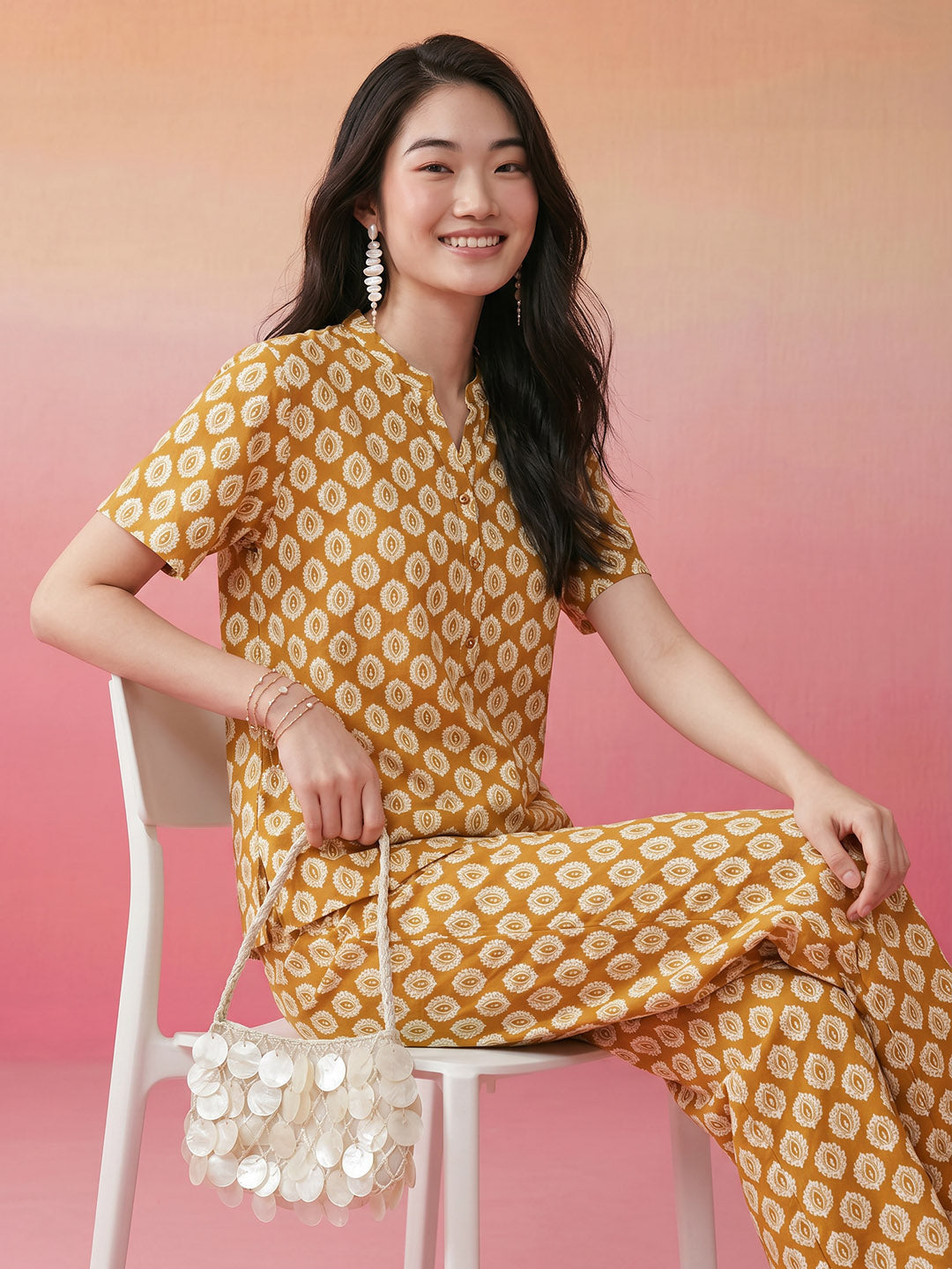 Janasya Mustard Straight Cotton Pant Co-ord Sets | Grocsy