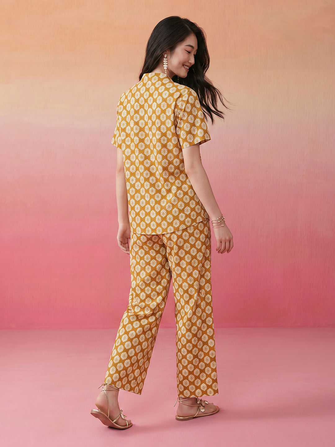 Janasya Mustard Straight Cotton Pant Co-ord Sets | Grocsy