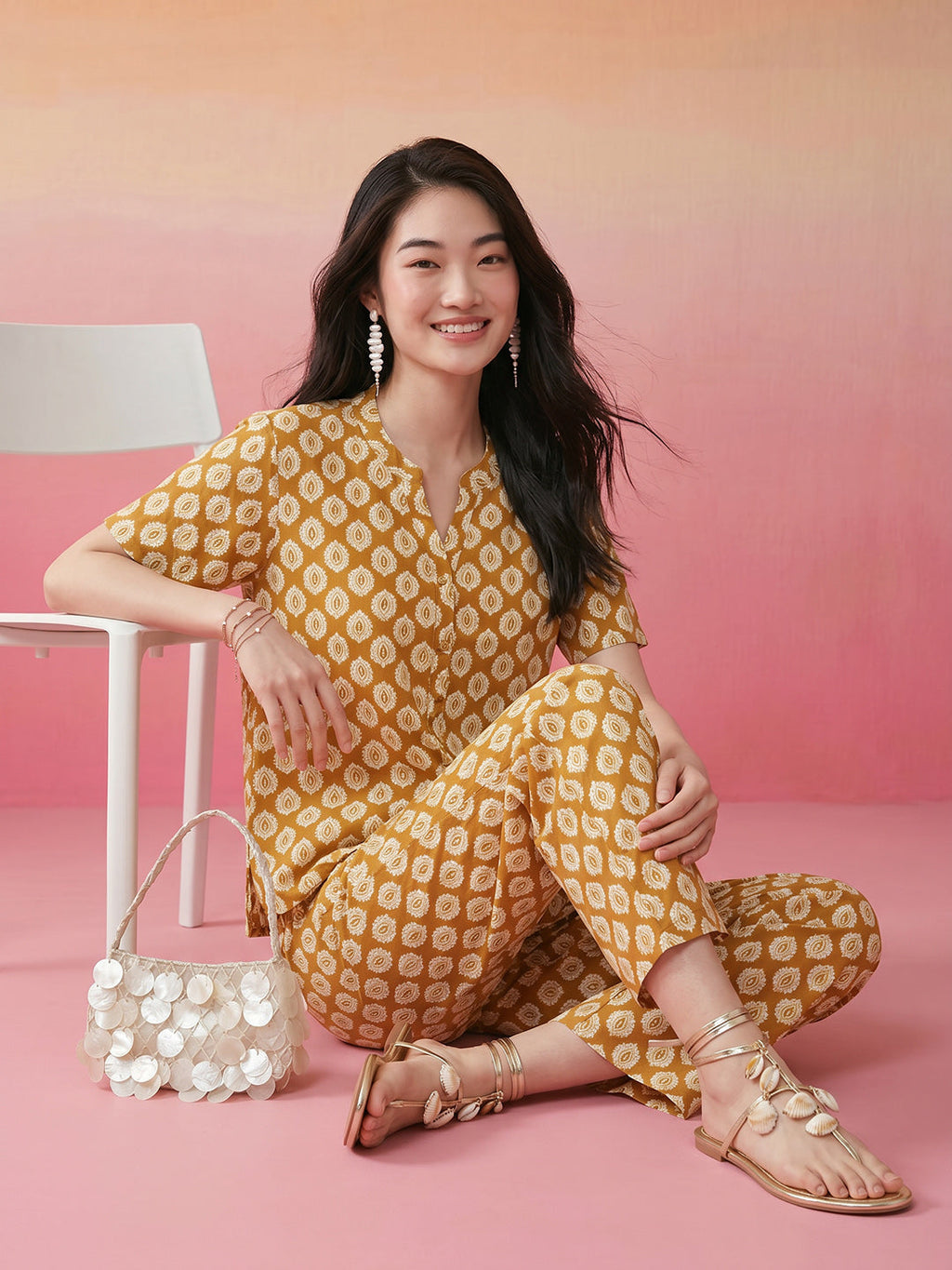 Janasya Mustard Straight Cotton Pant Co-ord Sets | Grocsy