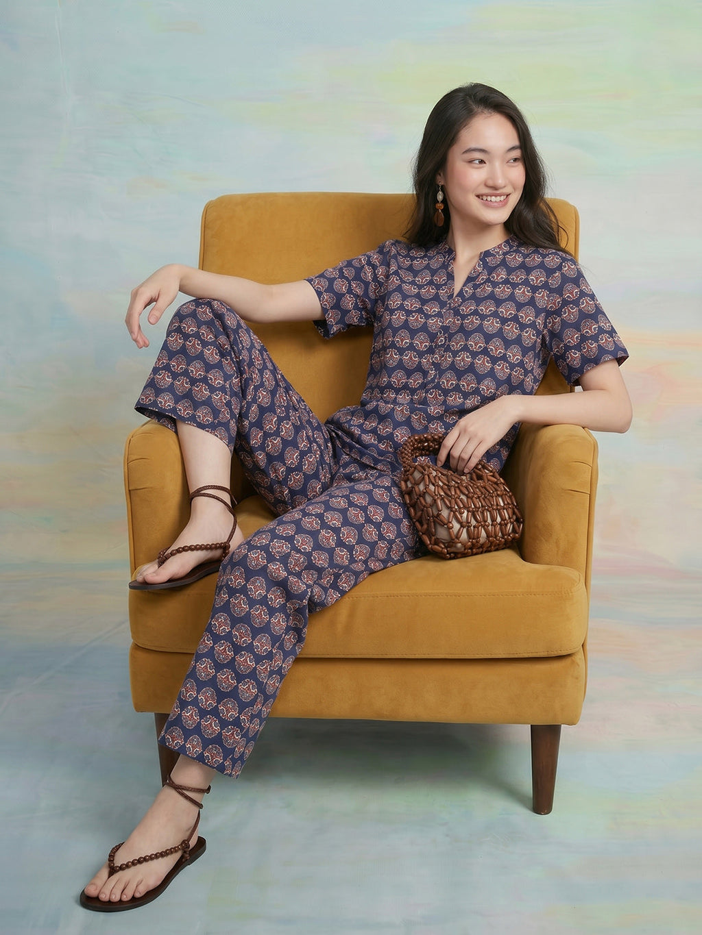 Janasya Navy Blue Straight Cotton Pant Co-ord Sets | Grocsy