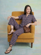 Janasya Navy Blue Straight Cotton Pant Co-ord Sets | Grocsy