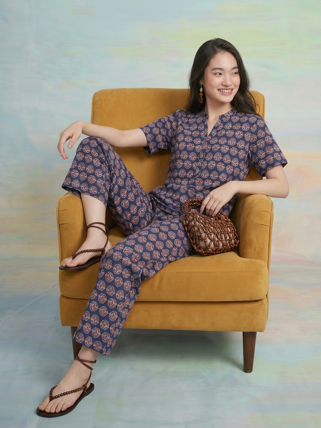 Janasya Navy Blue Straight Cotton Pant Co-ord Sets | Grocsy