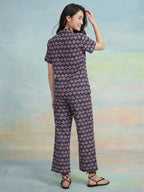 Janasya Navy Blue Straight Cotton Pant Co-ord Sets | Grocsy