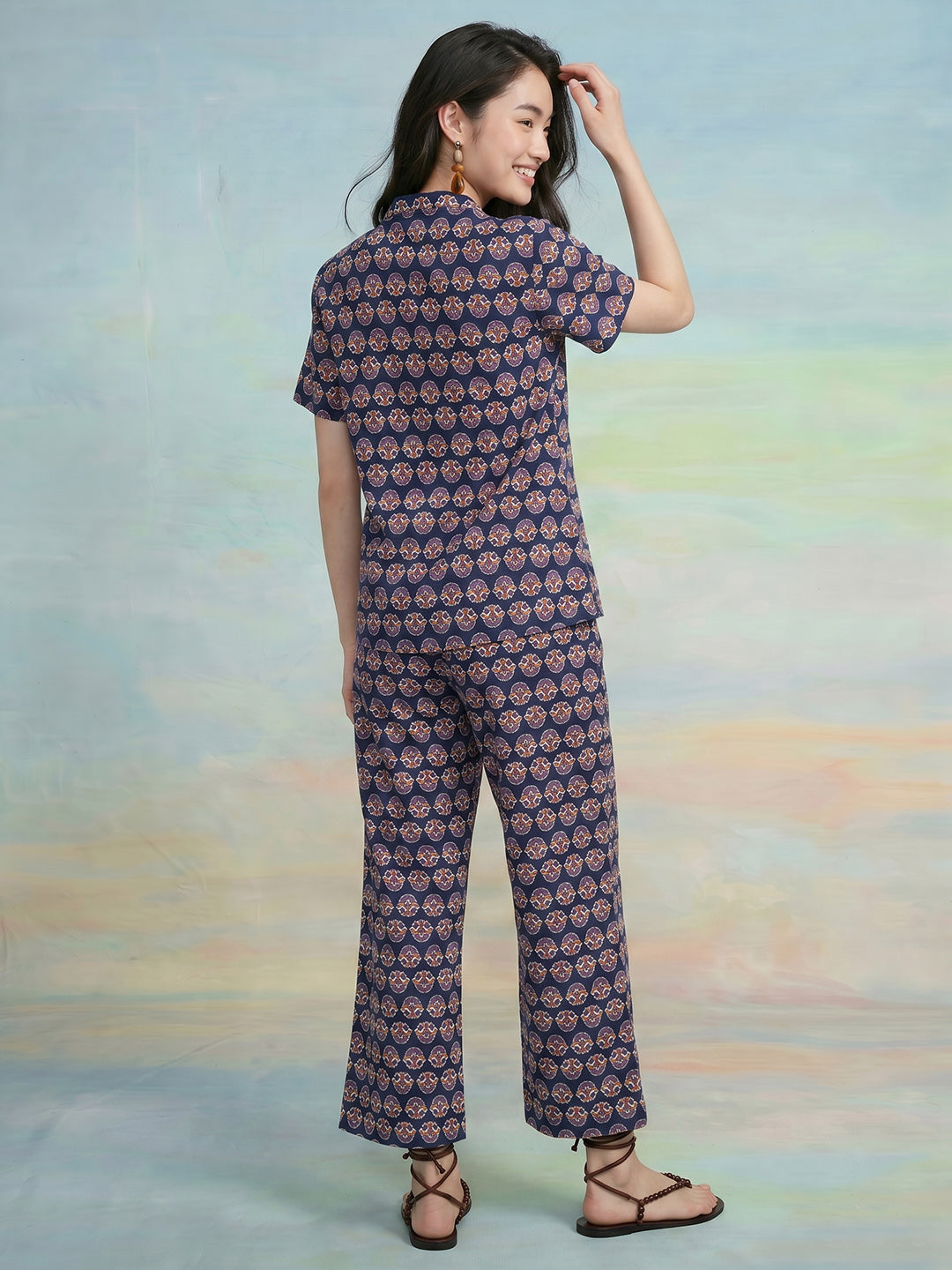Janasya Navy Blue Straight Cotton Pant Co-ord Sets | Grocsy