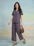 Janasya Navy Blue Straight Cotton Pant Co-ord Sets | Grocsy