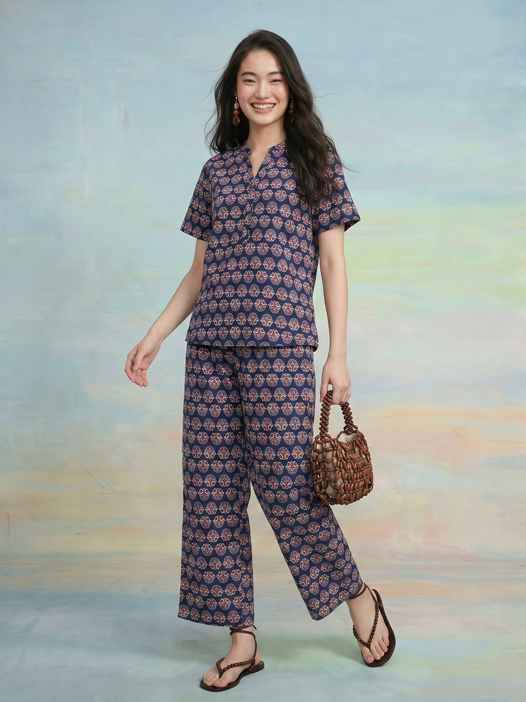Janasya Navy Blue Straight Cotton Pant Co-ord Sets | Grocsy