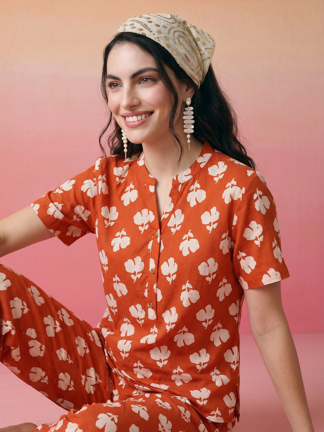 Janasya Orange Straight Cotton Pant Co-ord Sets | Grocsy